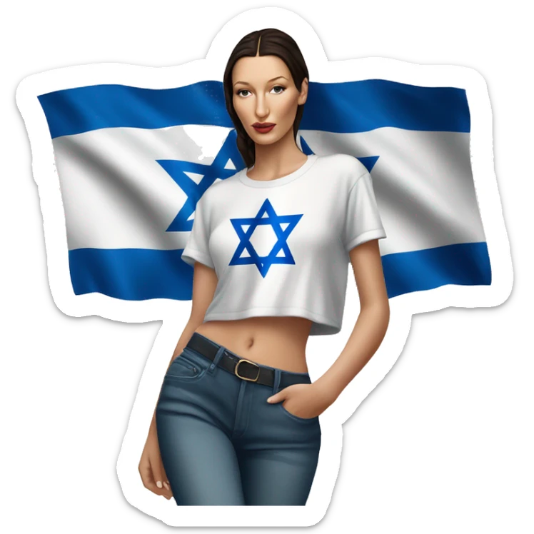 Bella hadid wearing t shirt with Israeli flag, full body sticker