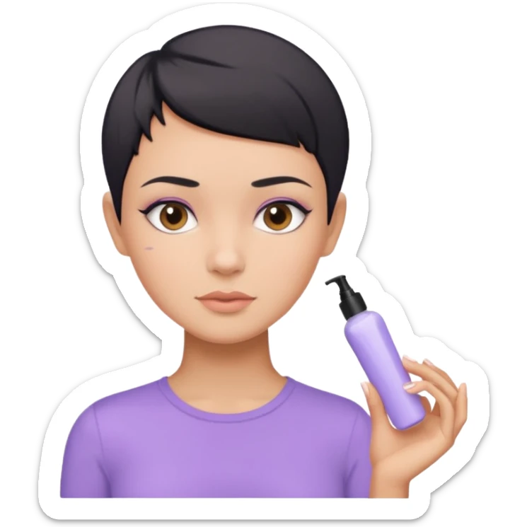 tan girl with pastel purple shirt with black hair & a pixie, doing her skin care sticker