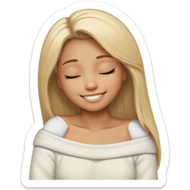 Mujer color de piel moreno claro, con cabello rubio largo, lacio y suelto, ojos negros, usando un suéter off shoulders blanco, sonriendo sin enseñar los dientes durmiendo  sticker