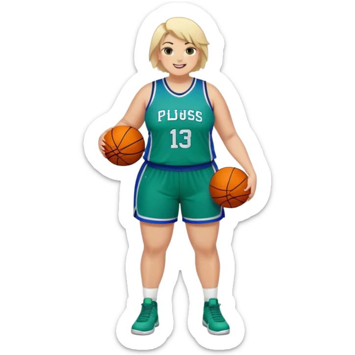 Full Body plus size white female with short spike hair basketball player wearing blue green uniform smiling sticker