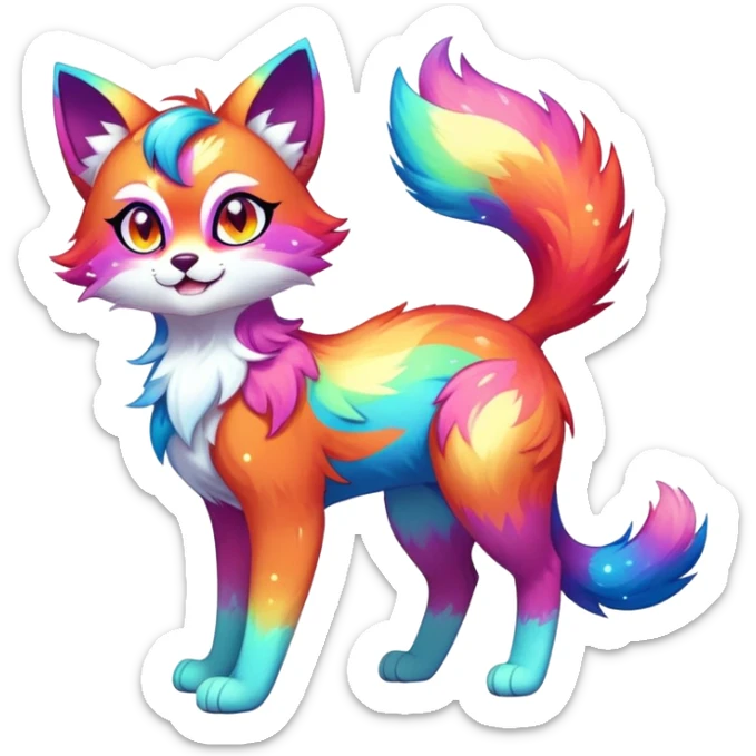 Vibrant multicolored Falvie-Fionbri-creature-sparkle-feline-fursona, full body sticker