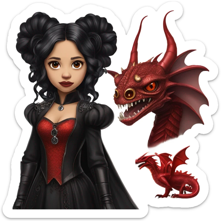 Lavish Victorian evening gown with gloves, Jenna Ortega as Addams girl Jedi wearing a steampunk mini tiara, standing next to a very large blood red evil-looking horned dragon sticker