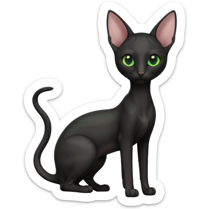 A 3D cartoon black Oriental Shorthair cat with sleek body, tall ears, reflective fur, dark cinematic background, Memoji-style. full body or half body. sticker