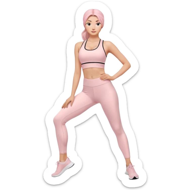 trendy yoga outfit emoji, matching sports bra and high-waisted leggings pastel pink, ribbed texture tiny logo, soft flexible fabric, modern empowering style sticker