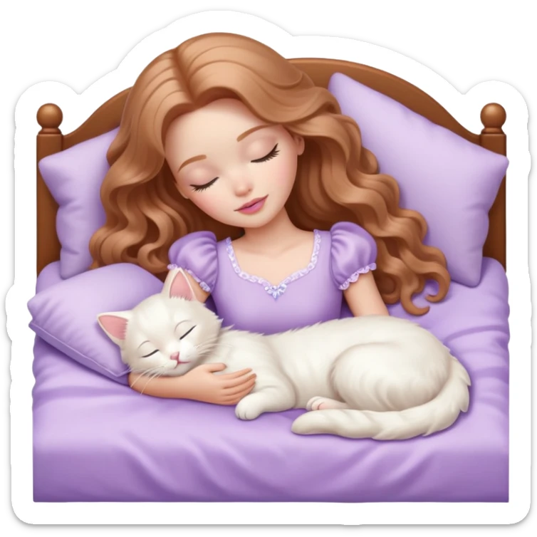 White Barbie girl Chestnut long wavy hair sleeping with white kitty at pale lavander bed sticker