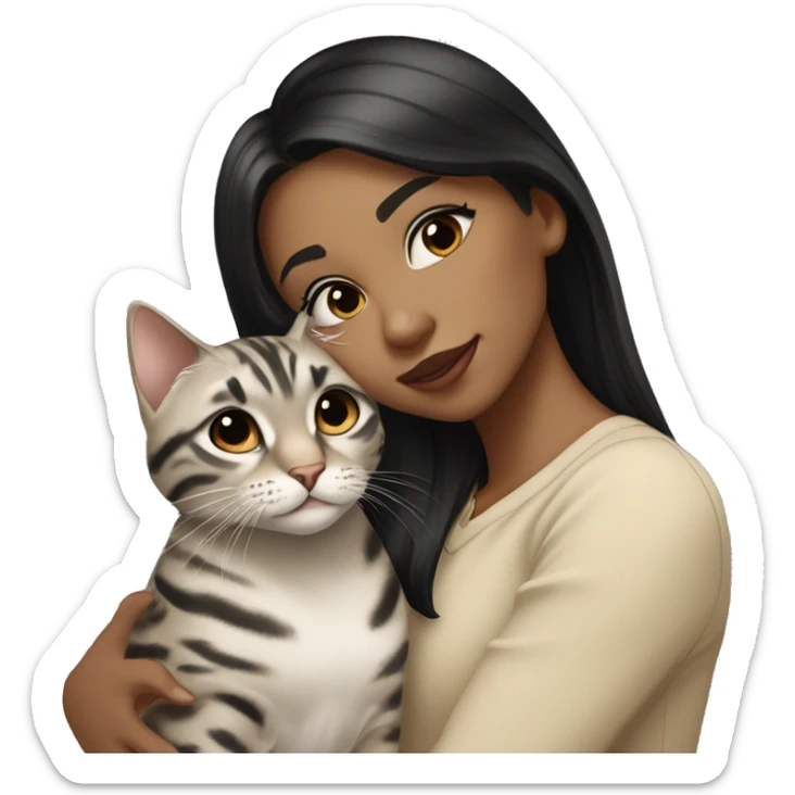 Girl with light skin, black eyes, shoulder length straight black hair, wears a beige blouse outfit, kissing a silver bengal cat  sticker