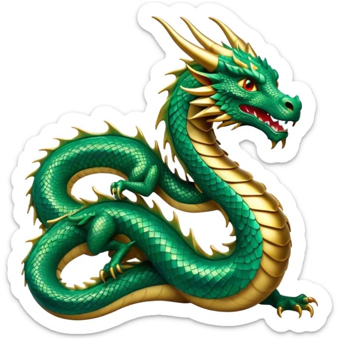 Cinematic Noble Dragon Portrait Emoji, Poised and majestic, with a sinuous, elongated body covered in intricately detailed, shimmering scales in hues of emerald and gold, and piercing, fiery eyes that reflect ancient wisdom; rendered with lifelike texture and natural highlights, high shine, intelligent and formidable, styled with an aura of mythic power, focused and attentive, soft glowing outline, capturing the essence of a legendary dragon that appears ready to soar out of the screen with timeless authority! sticker