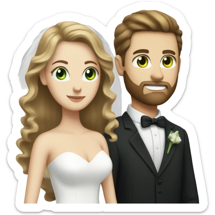 wedding between a light brown hair white woman with green eyes and a dark hair white man with a trimmed beard  sticker