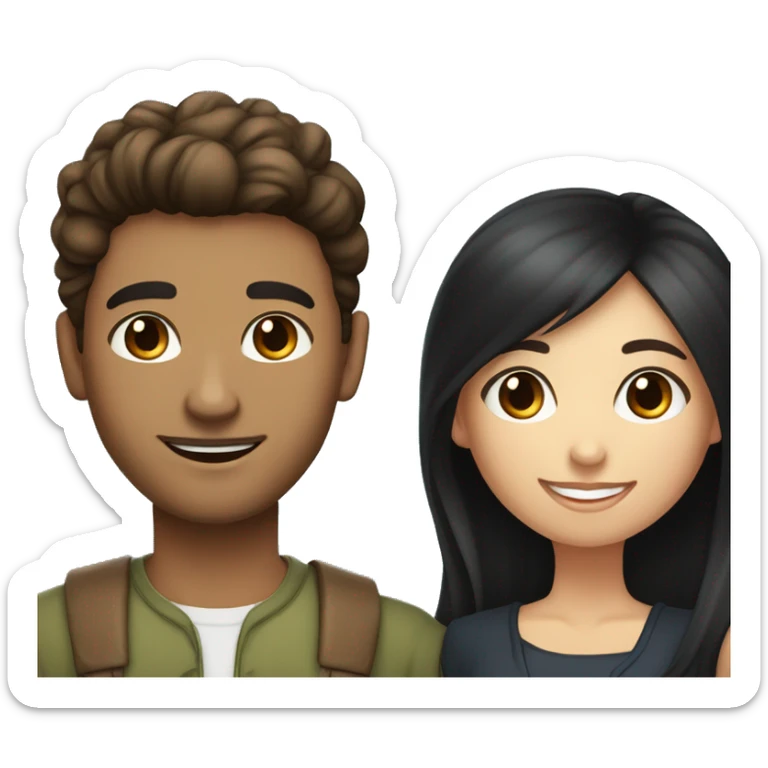 Long  brown hair woman blue eyes with man with olive skin with short black hair happy together  sticker