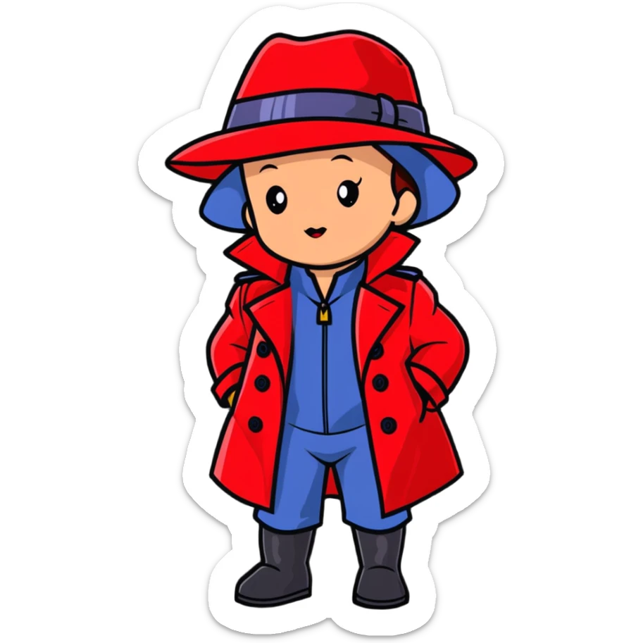 Baby Carmen Sandiego in red trench coat and hat, cute detective sticker