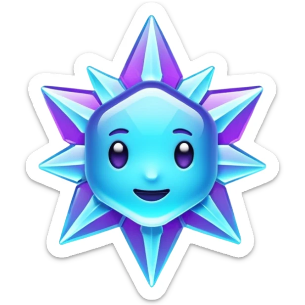 Futuristic glowing ice crystal emoji, icy neon cyan highlights, purple neon accents, dark background, digital tech style, no face. sticker