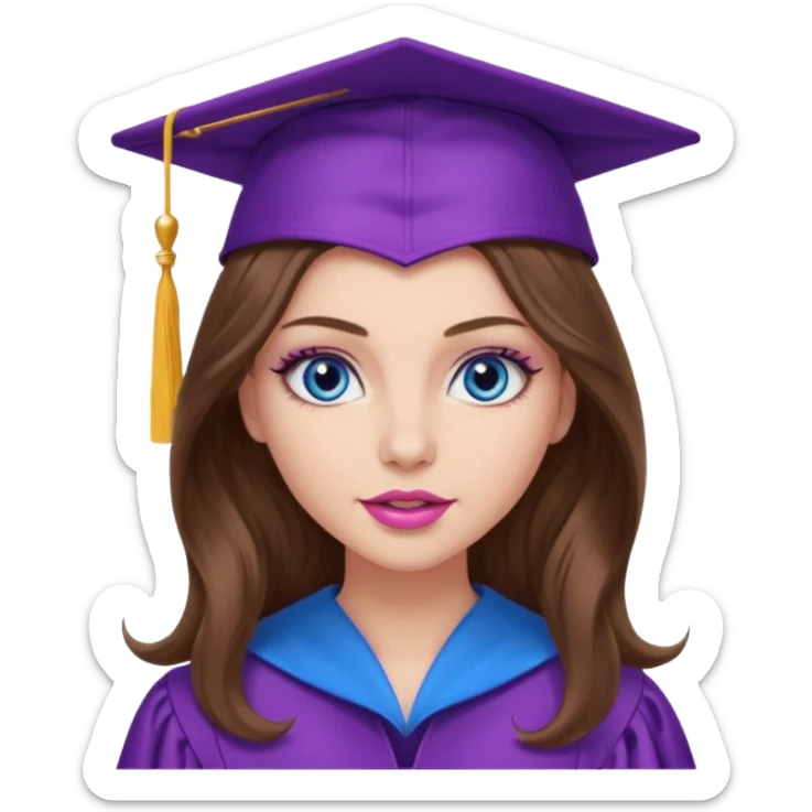girl with very long wavy brown hair, blue eyes, long lashes makeup, sexy pink lips, wearing a purple graduation cap and gown sticker