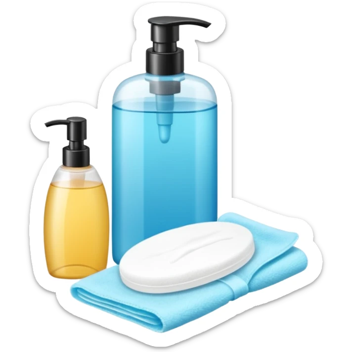 big (1L) bottle of shampoo, disposable gloves and cotton pads (for makeup) are standing on a table sticker