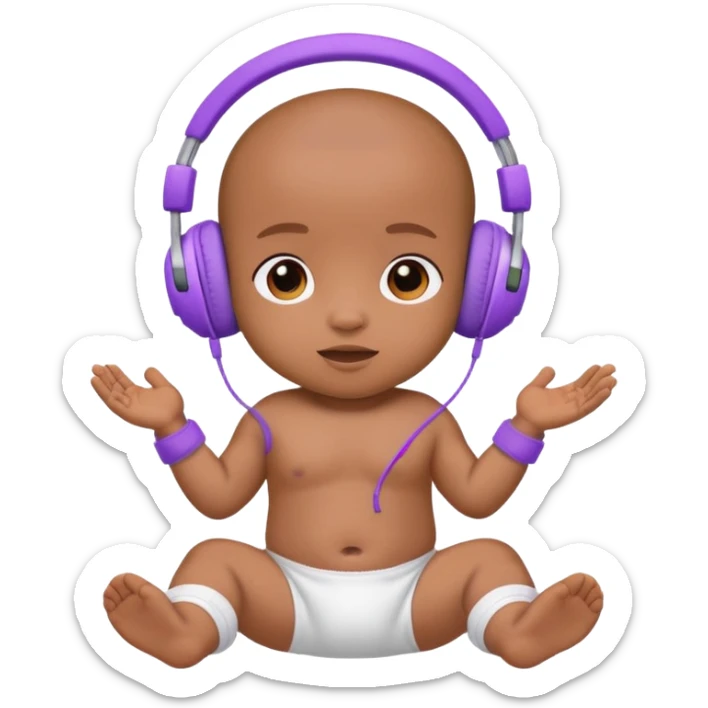 a brown skin cute baby in a white diaper and purple headphones sticker