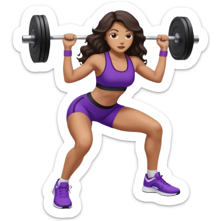 mujer de tez trigueña, con cabello castaño oscuro ondulado no muy marcado, hasta las nalgas super largo estilizado, con ropa deportiva morada/lila, tenis blancos deportivos y levantando una pesa sticker