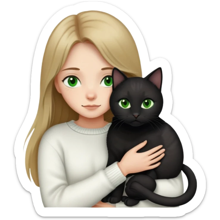 a girl with long, dark blond hair and green eyes, a white sweater, and hugs a black cat sticker