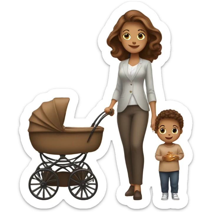 beautiful mother with brown hair. next to caramel baby carriage sticker