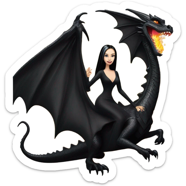 empowered beautifully dressed teen Morticia Addams Malibu Beach Barbie Jedi flying/riding on the back of a very large black shiny evil-looking fire-spewing horned dragon. proper scale sticker