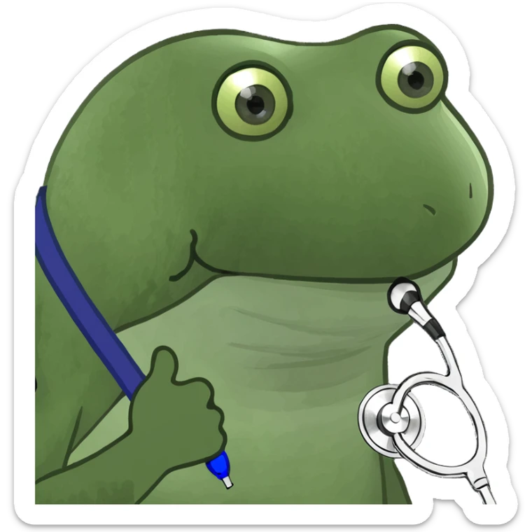 Make the baby oil bottle look like a doctor with a stethoscope or medical hat, in the green bufo frog meme style, no background. sticker