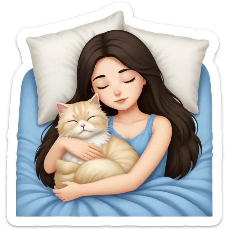 pretty girl with dark long hair sleeping with blonde fluffy  persian cat in bed sticker
