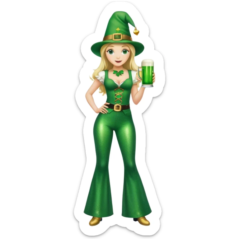Blonde haired pretty woman in glittery green bell bottoms and tall leprechaun hat holding a green beer sticker