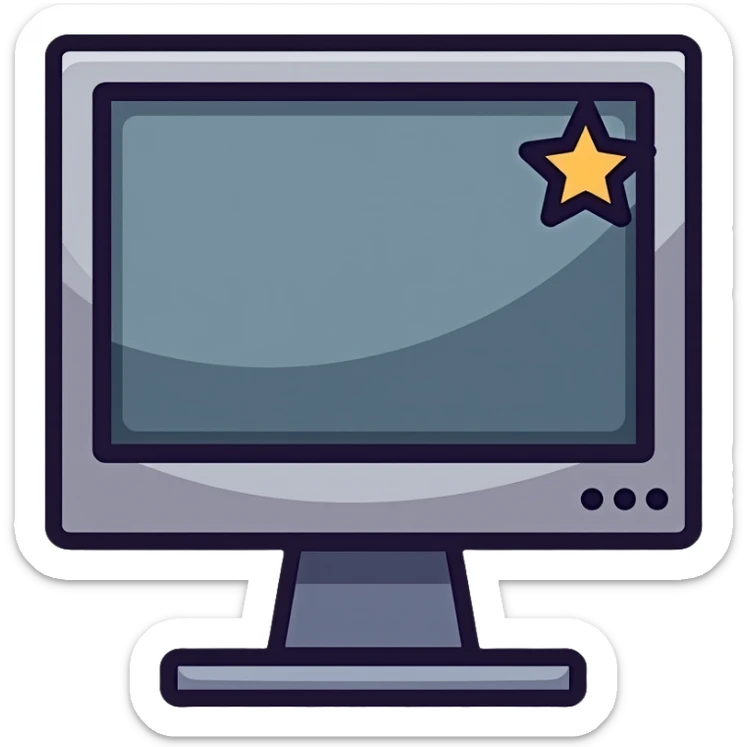 Minimalist CRT monitor with a simple 4-pointed star in the corner, very few details, clean lines sticker