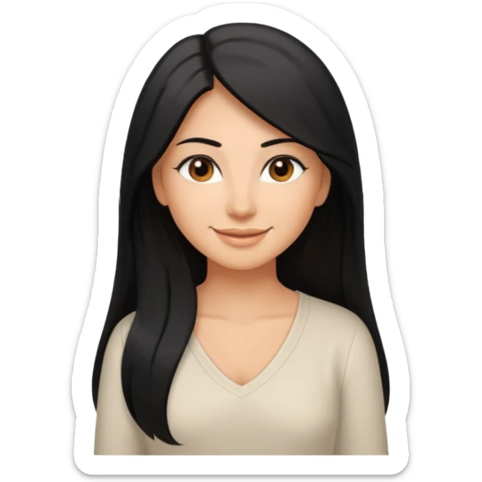 medium tan woman with long black hair past middle of back, round brwn eyes, white v neck blouse smiling. sticker