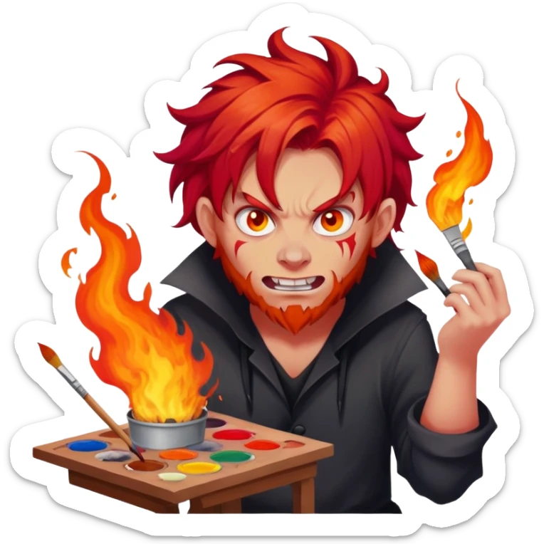 demon artist with wild fiery hair painting chaotic art in hellscape sticker
