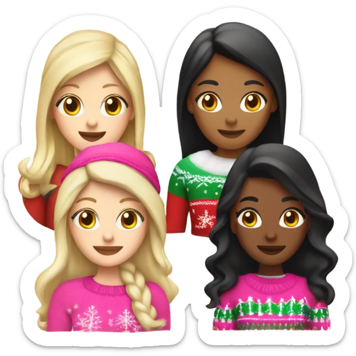 a white woman with blonde hair, a black woman with black hair, a white woman with black hair, and a Mexican woman with brown hair wearing pink Christmas sweaters and pink christmas hats sticker