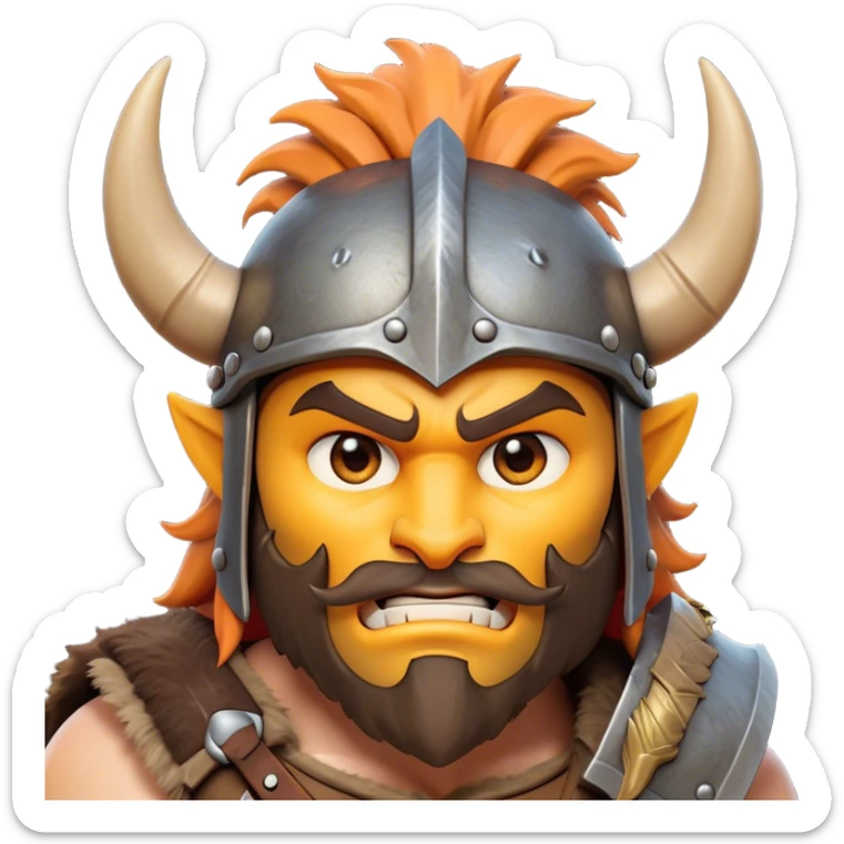 Clash of Clans style: Cinematic Fierce Barbarian Portrait Emoji, Poised and bold with a rugged, cartoonish build in tattered furs and a whimsical horned helmet, bright expressive eyes and a confident smirk, Simplified yet dynamic features, highly detailed, glowing with a vivid, adventurous aura, high shine, heroic and spirited, stylized with an air of medieval warrior charm, focused and energetic, soft glowing outline, capturing the essence of a fearless barbarian adventurer ready to lead his clan with spirited valor! sticker