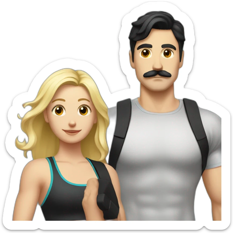 White guy with black hair and mustache and blonde girl going to the gym sticker