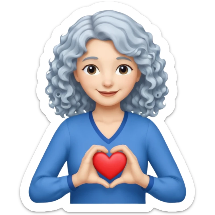 Silverhair, wavy/curly hair chin-length lady giving hug with 2 arms, blue v-neck and smiling, add a heart sticker