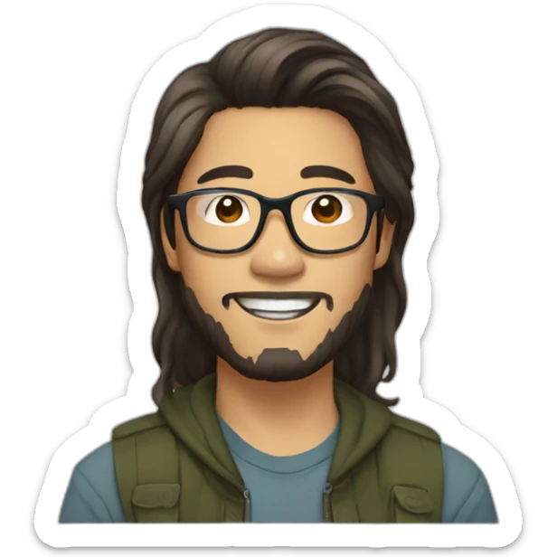 young asian guy brown long hair with parting in the middle turtletoise glasses and a beard sticker