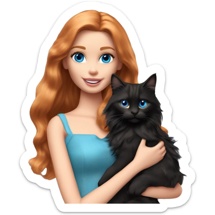 Barbie girl with long ginger hair and blue eyes Holds in her arms Black Maine coon sticker