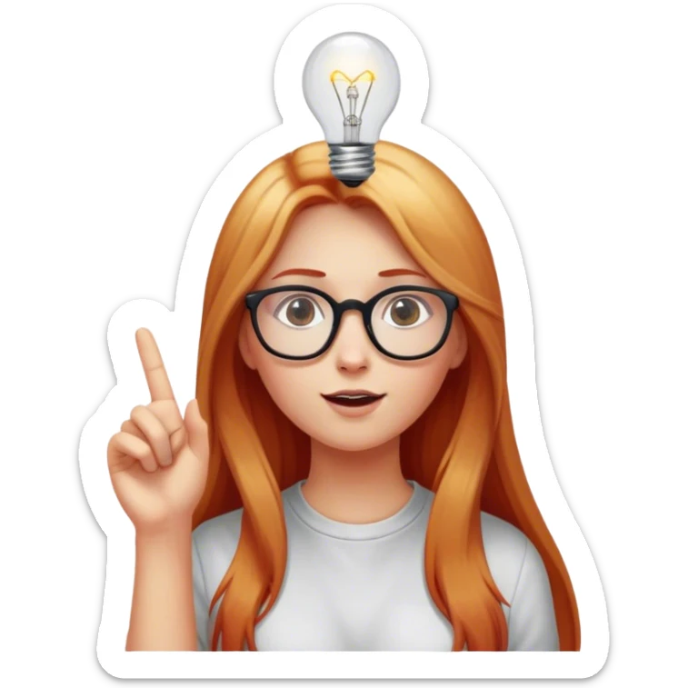 intelligent and clever, 30 year old, girl, long red and almost blond hair, glasses, has an brillant idea, one light bulb next the her head in the air, casual cloth  sticker