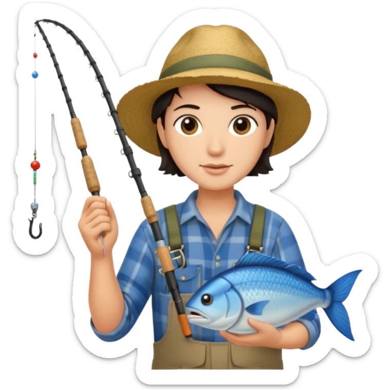 GRANJERO PIEL CLARA Y PELO OSCURO  CON CAÑA DE PESCAR Y UN PESCADO EN LA CAÑA sticker