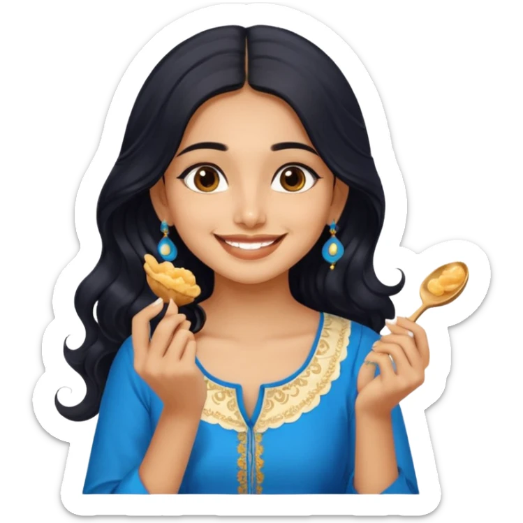 a pretty tan indian bratz girl with wavy long BLACK hair. eyeliner on, wearing a blue kurti, eating golgappa (without spoon) sticker