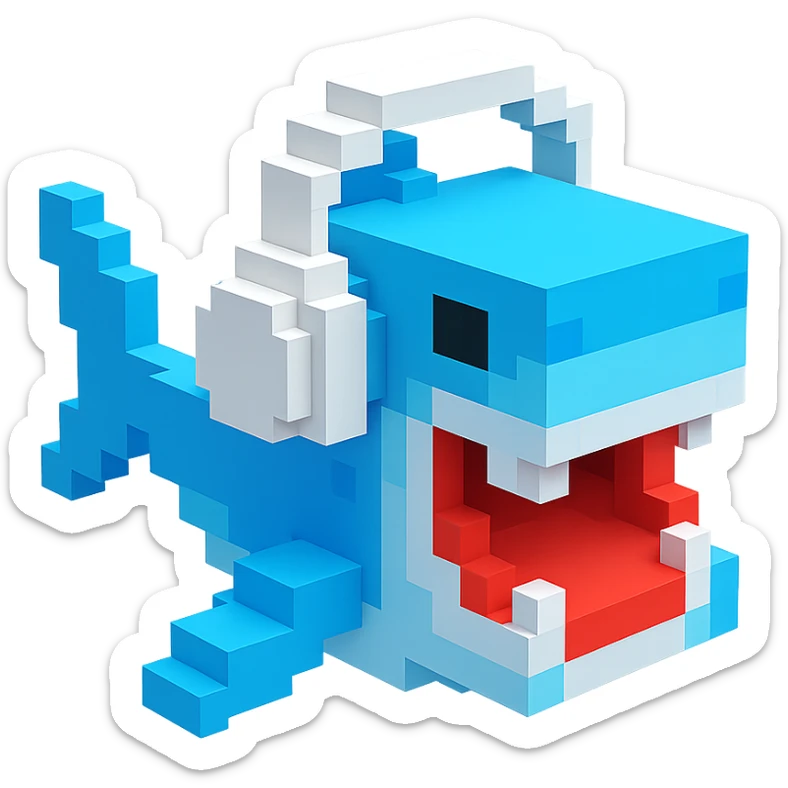 voxel style shark with white headphones, open mouth, blocky, blue and silver, no background sticker