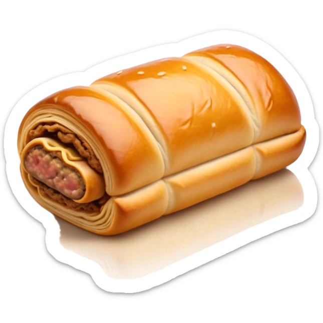 Cinematic Realistic Sausage Roll Dish Emoji, depicted with a crisp, golden pastry wrapped around flavorful sausage, rendered with detailed textures and appetizing lighting. sticker