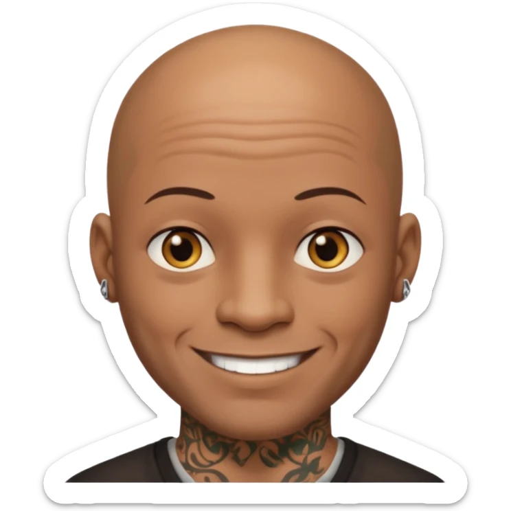 This is a cartoon-style avatar of a bald man with dark skin, golden-brown eyes, and several tattoos on his face, smiling with a lightly smile expression. sticker
