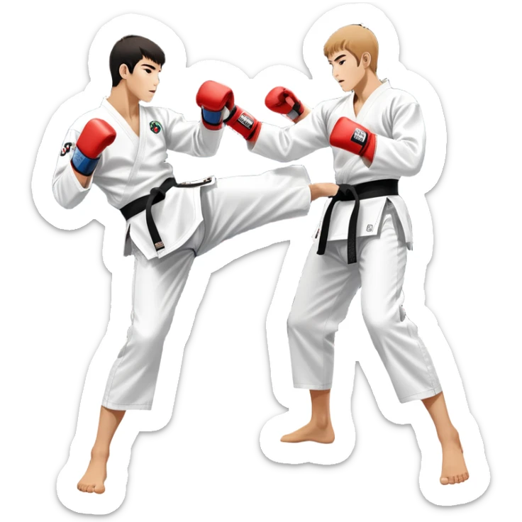 Two taekwondo fighters in traditional white doboks with black belts compete in a dynamic match. One executes a high spinning kick, while the other blocks skillfully. The background features a professional arena with bright lights and spectators. Transparent background. sticker