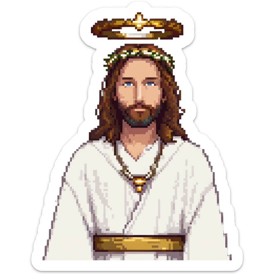 Jesus with brown hair, beard, white robe, gold halo in pixel art style sticker