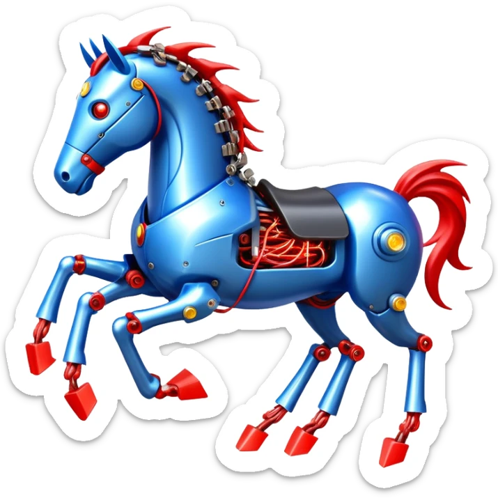 fast electric horse made of electricity, metal plates, bolts, visible blue and red wires, lightning coursing through its body, mechanical hooves sticker