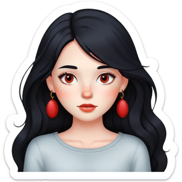 girl with long black hair, soft makeup, and red freckles across her cheeks sticker