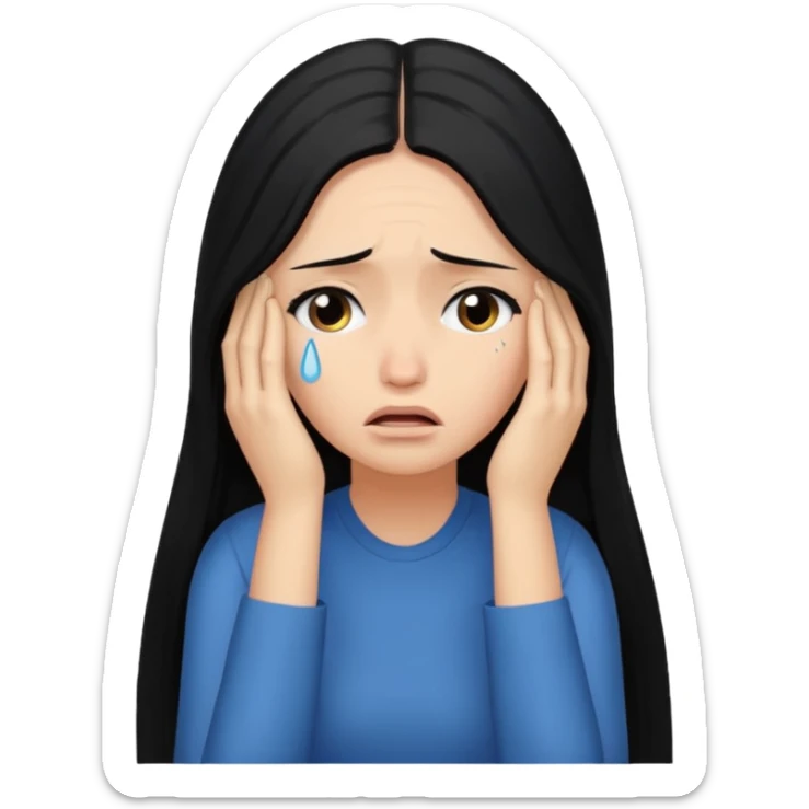 emoji of a woman with long black hair, head in hands, overwhelmed, tears sticker