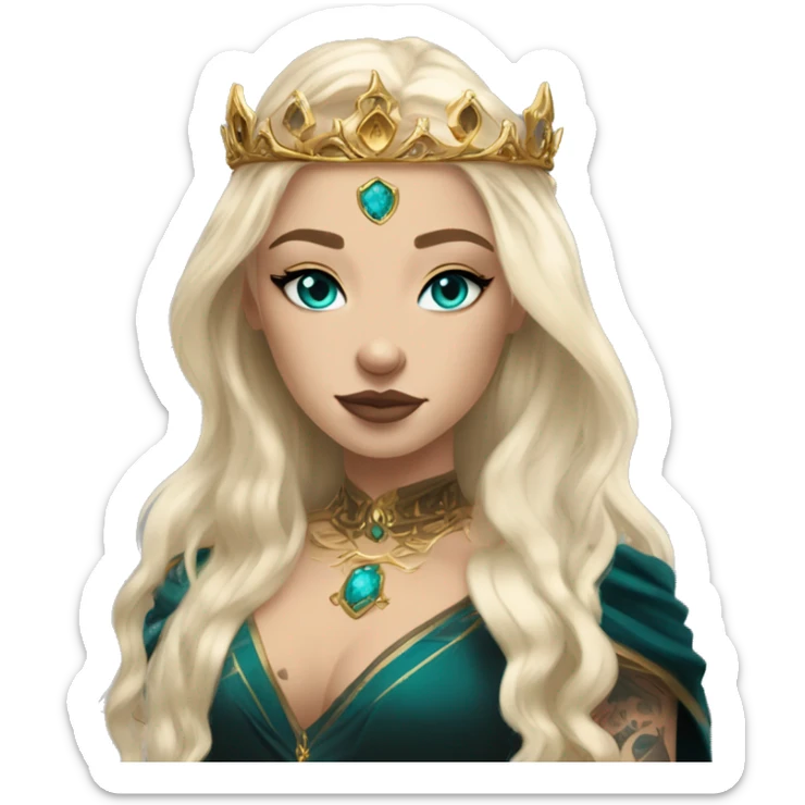 Aelin has white or golden blonde hair, turquoise eyes with a gold ring around the pupil, and tattoos and scars. Wearing a black and gold gown with a crown made of fire sticker