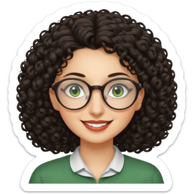 iranian woman, tight curly hair, glasses, green eyes, pretty, oval shape face sticker