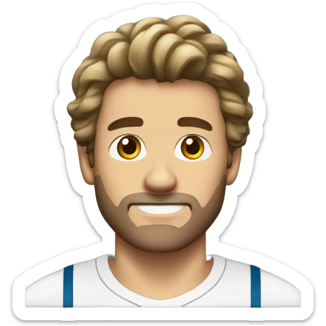 Hombre europeo con pelo oscuro con perilla con camiseta del real madrid sticker