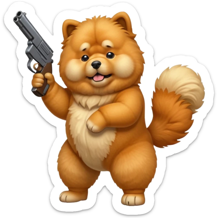 Funny cartoon-style chow chow dog standing on its hind legs and holding a gun menacingly sticker