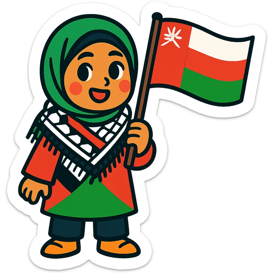 a hijab-wearing girl wearing the Palestinian keffiyeh and holding the Oman flag, vibrant toon style, colorful cartoon sticker